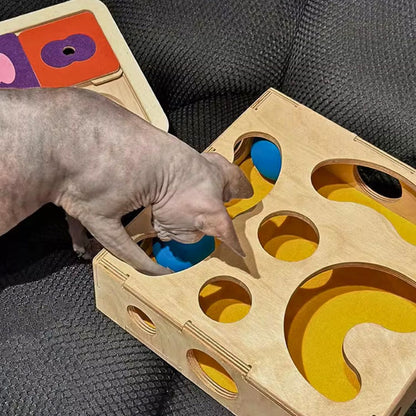 Interactive wooden cat toy box tracks balls