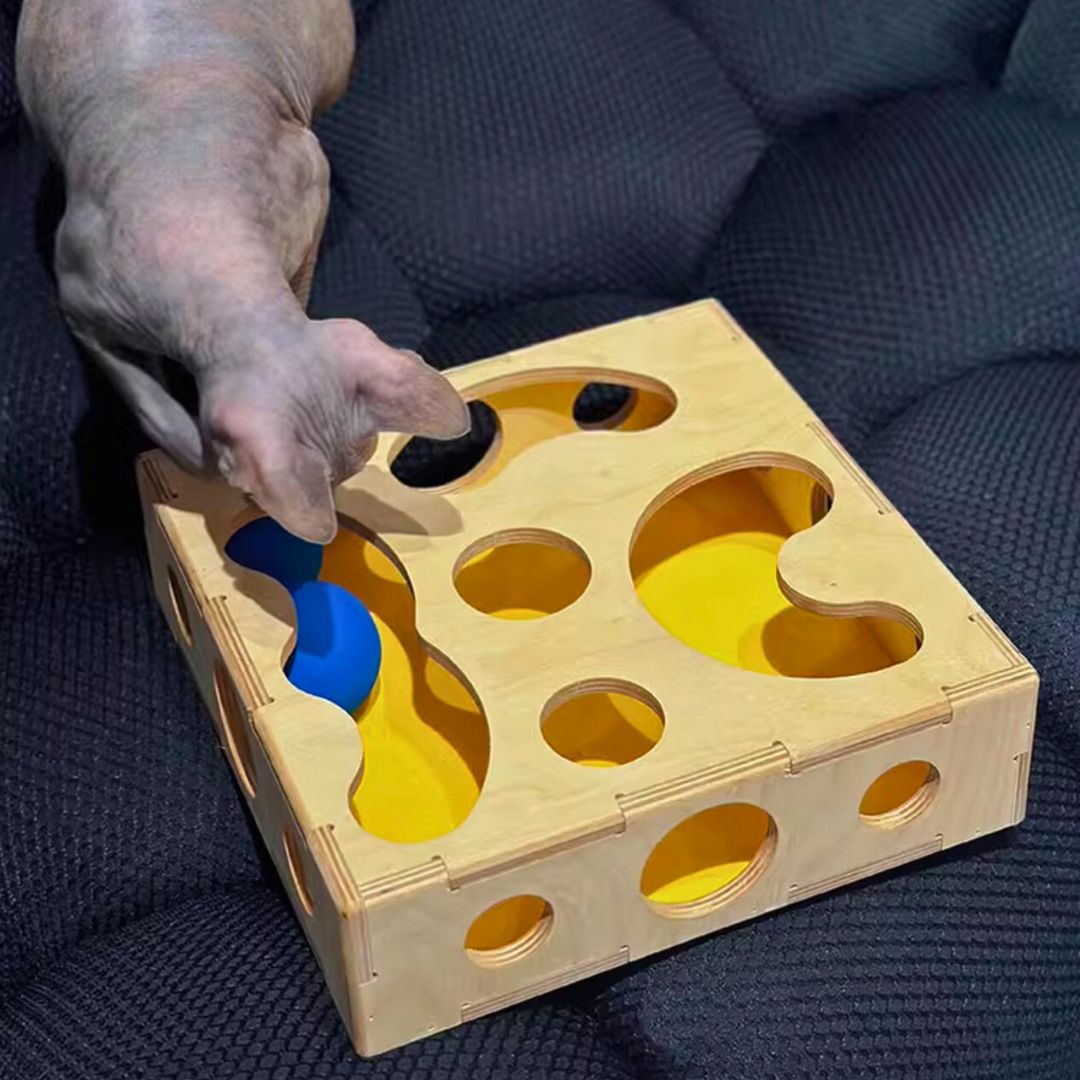 Interactive wooden cat toy box tracks balls