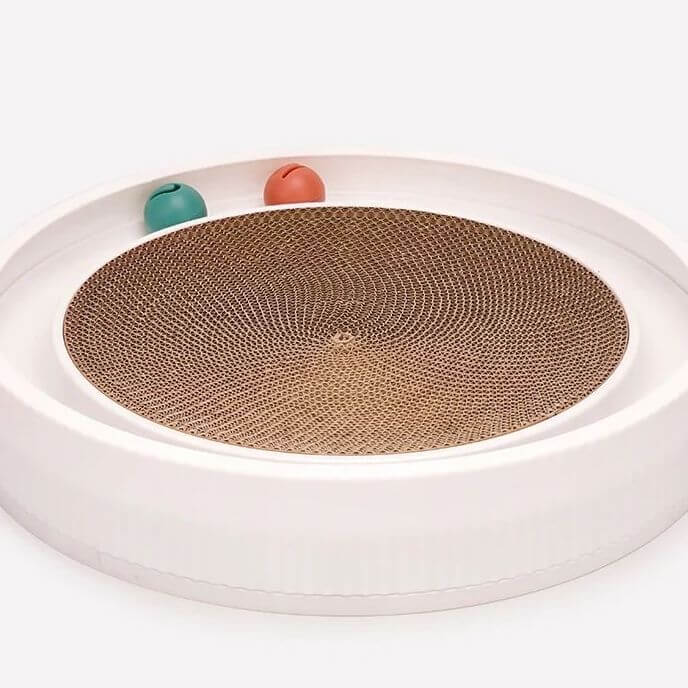 Modern Retro Round Cardboard Cat Scratcher with Ball - Petites Paws