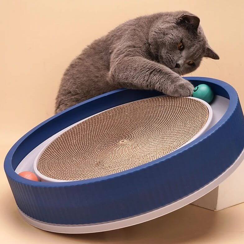 Modern Retro Round Cardboard Cat Scratcher with Ball - Petites Paws