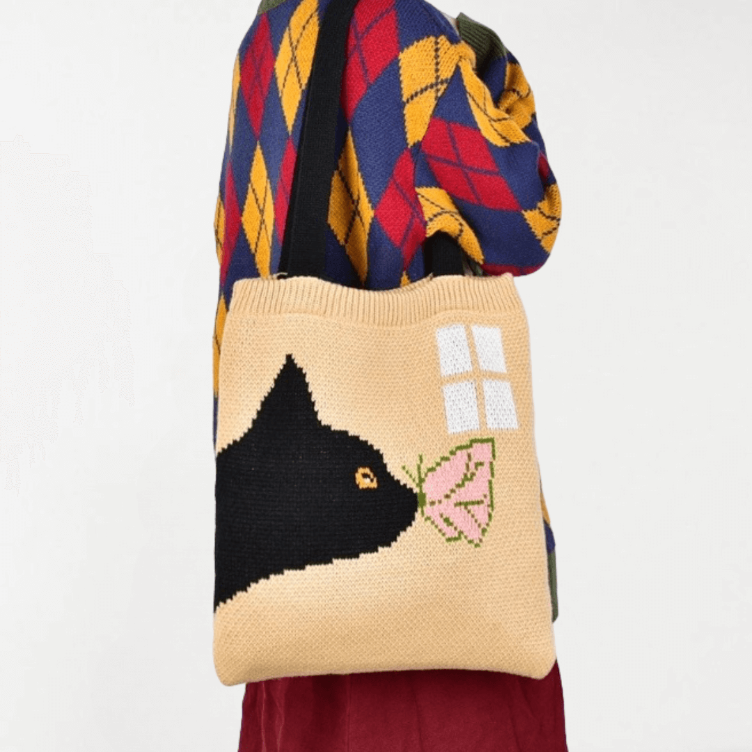 Butterfly Kisses Cat Knit Tote Bag