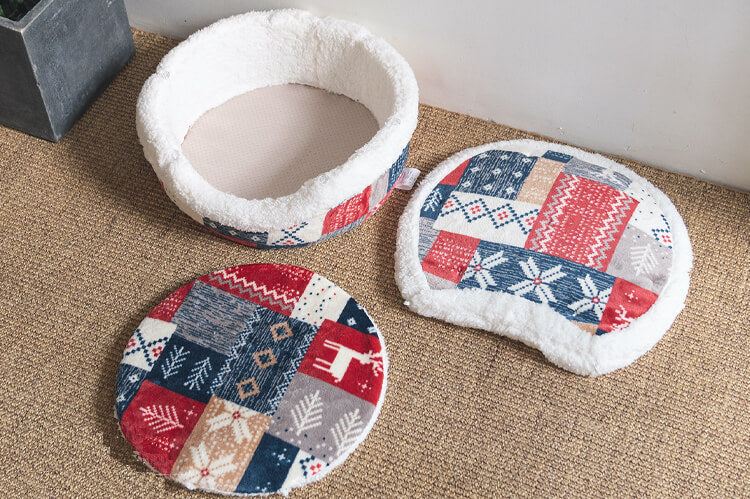 Set of Nordic Fair Isle Covered Cat Bed