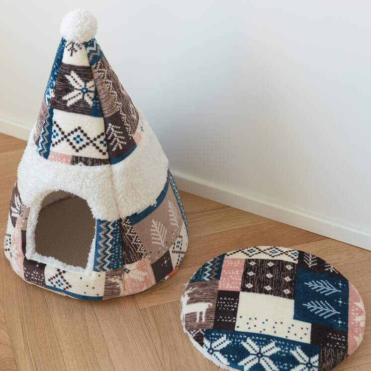 Nordic Fair Isle Cat Bed Cave with removable cushion