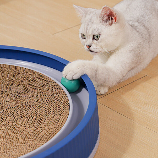 Modern Retro Round Cardboard Cat Scratcher with Ball - Petites Paws