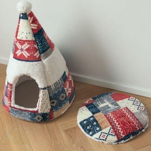 Nordic Fair Isle Cat Bed Cave with removable cushion