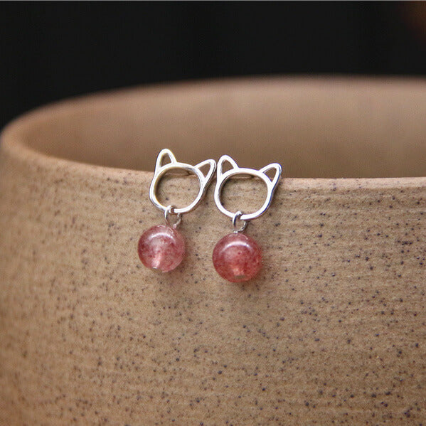 Sweetie Cat Strawberry Quartz Earrings