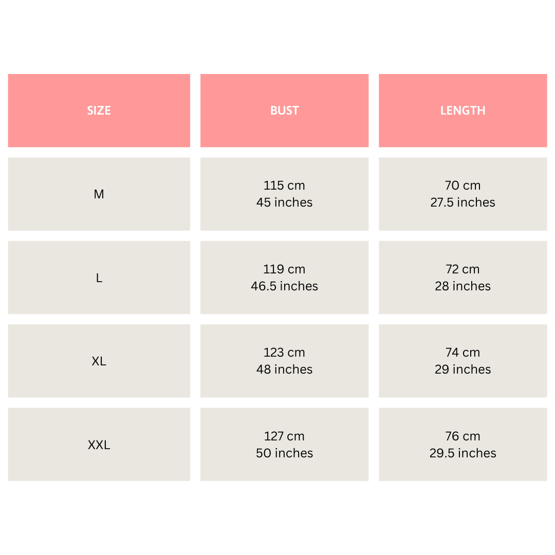 Size chart of Oversized Black Cat T-Shirt
