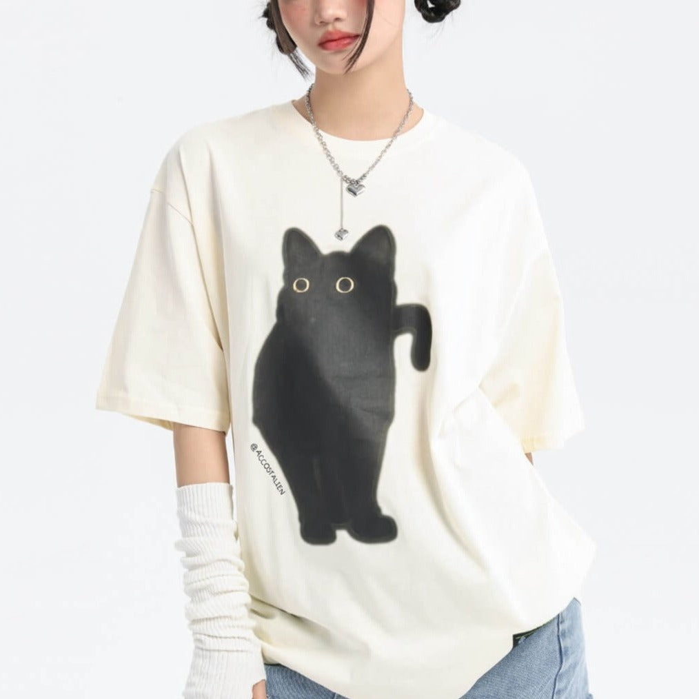 Oversized Black Cat T-Shirt - off-white