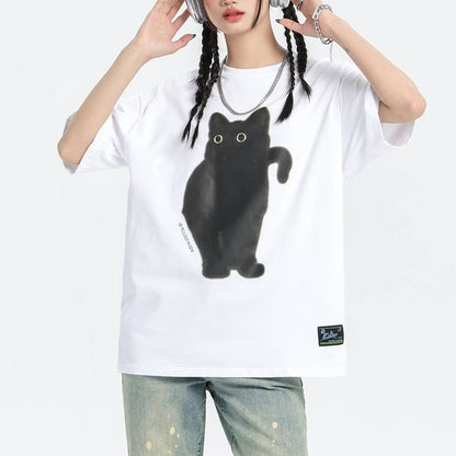 Oversized Black Cat T-Shirt - white