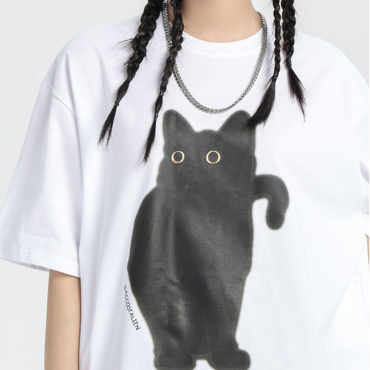 Oversized Black Cat T-Shirt - white