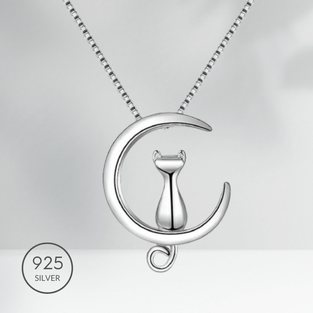 Cat Sitting on the Moon Necklace in 925 Sterling Silver
