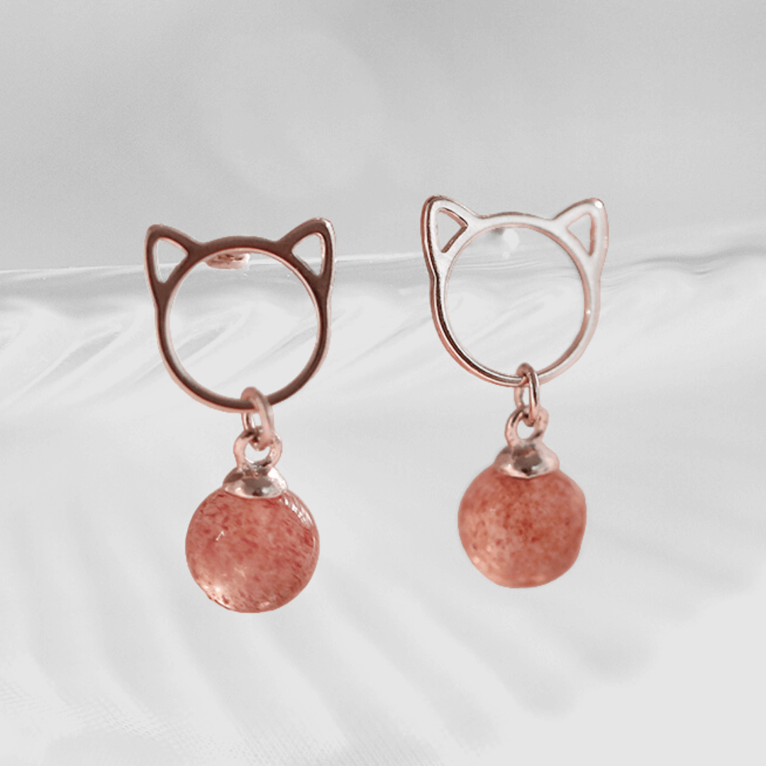 Sweetie Cat Strawberry Quartz Earrings - Petites Paws